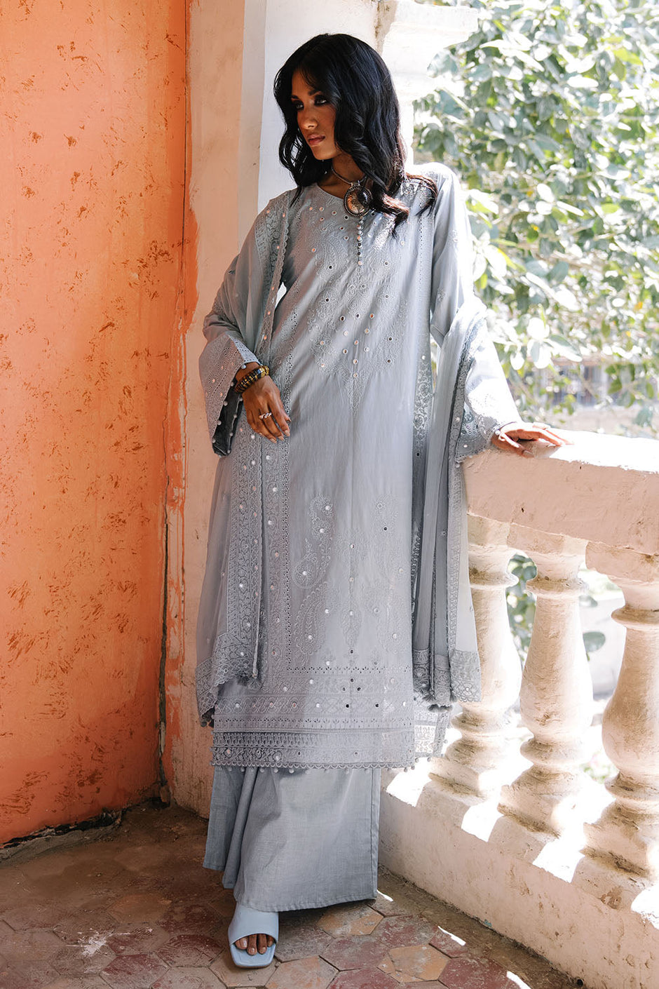 3 Piece Embroidered Lawn Suit with Borders and Embroidered Chiffon Dupatta