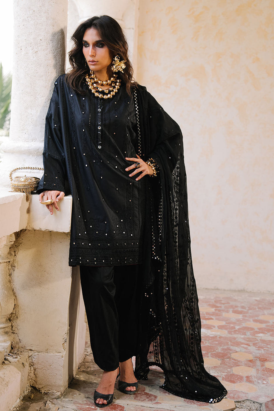 3 Piece Embroidered Lawn Suit with Borders and Embroidered Chiffon Dupatta