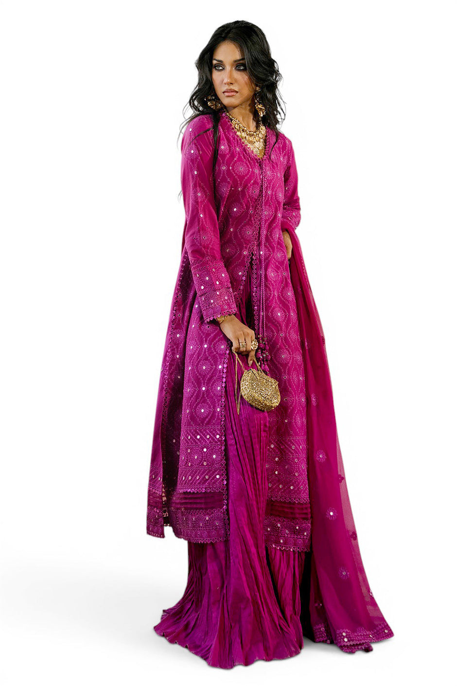 3 Piece Embroidered Lawn Suit with Borders and Embroidered Chiffon Dupatta