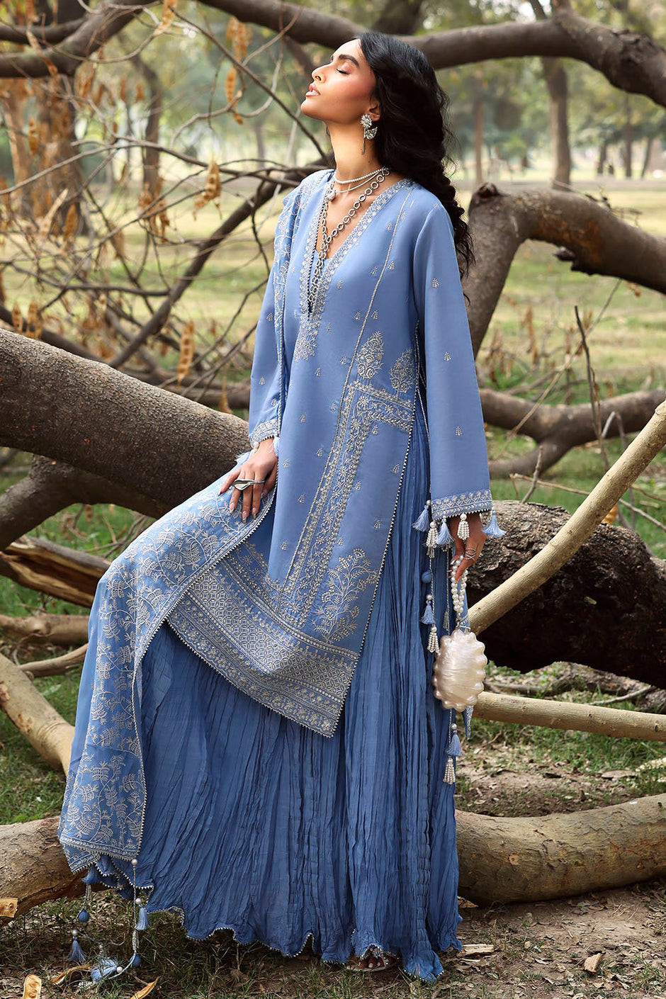 3 Piece Embroidered Raw Silk Suit with Embroidered Chiffon Dupatta