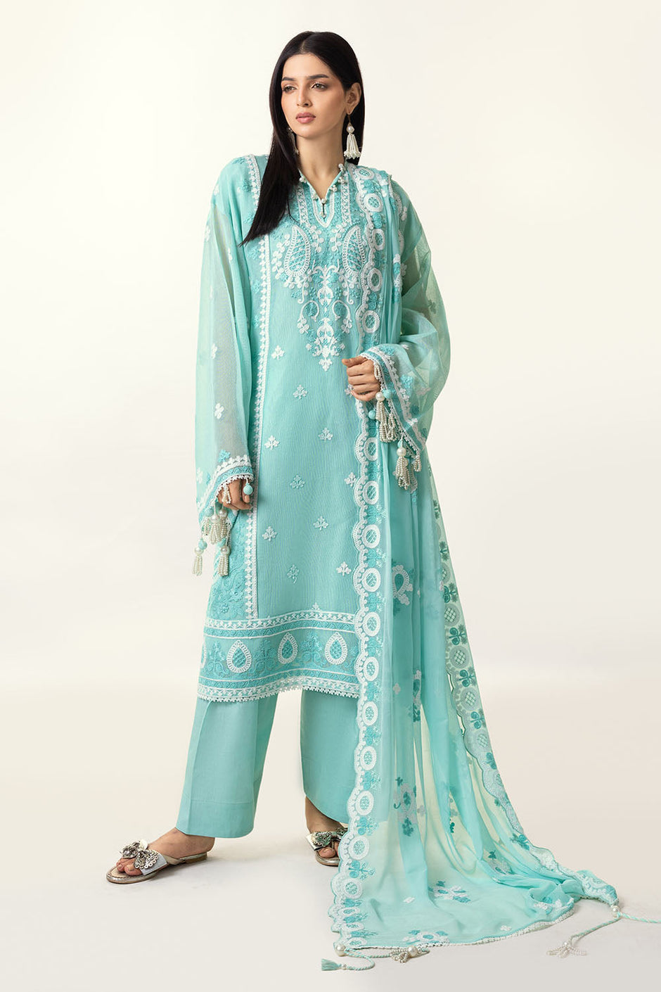 3 Piece Embroidered Cotton Net Suit with Embroidered Chiffon Dupatta