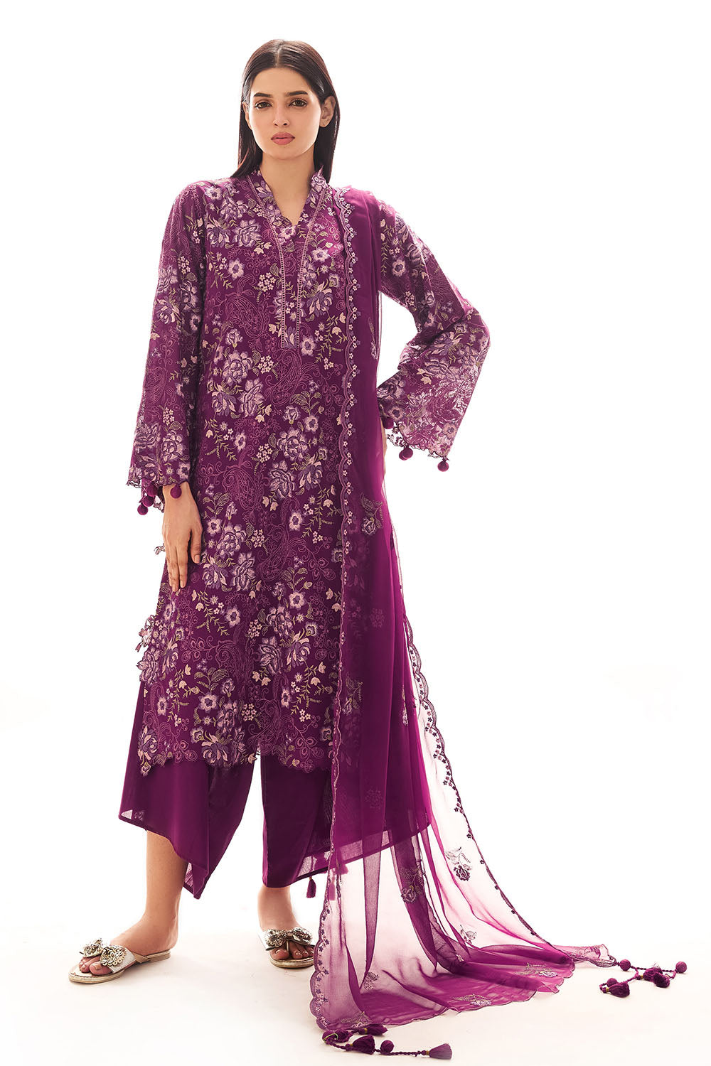 3 Piece Embroidered Swiss Voile Suit with Embroidered Chiffon Dupatta