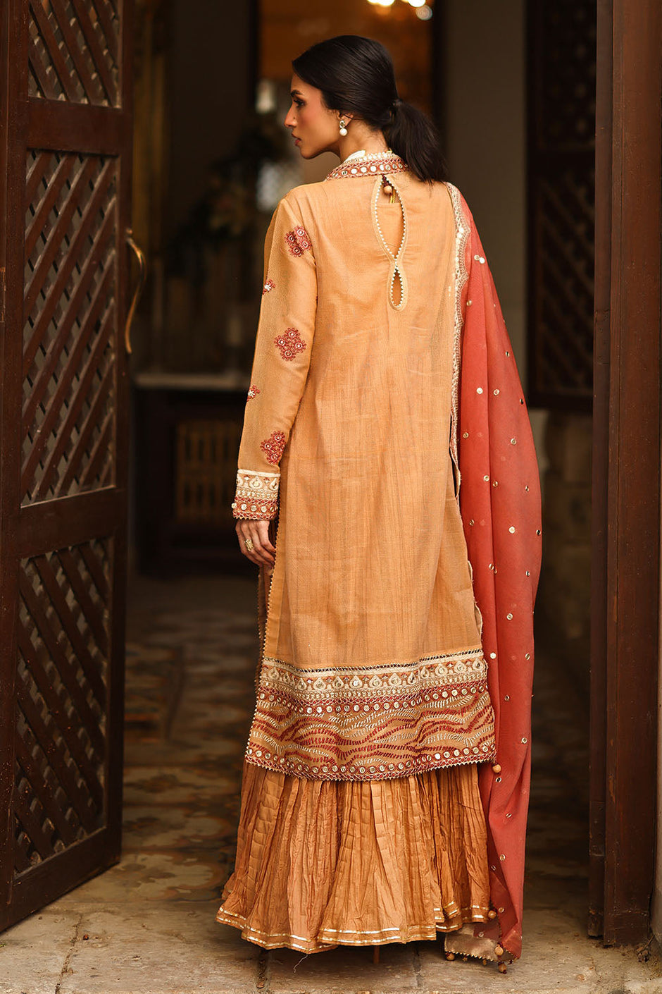 3 Piece Embroidered Cotton Net Suit with Borders and Embroidered Cotton Net Dupatta