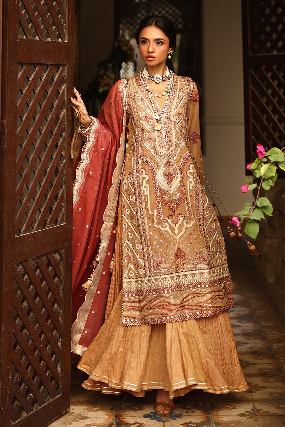 3 Piece Embroidered Cotton Net Suit with Borders and Embroidered Cotton Net Dupatta