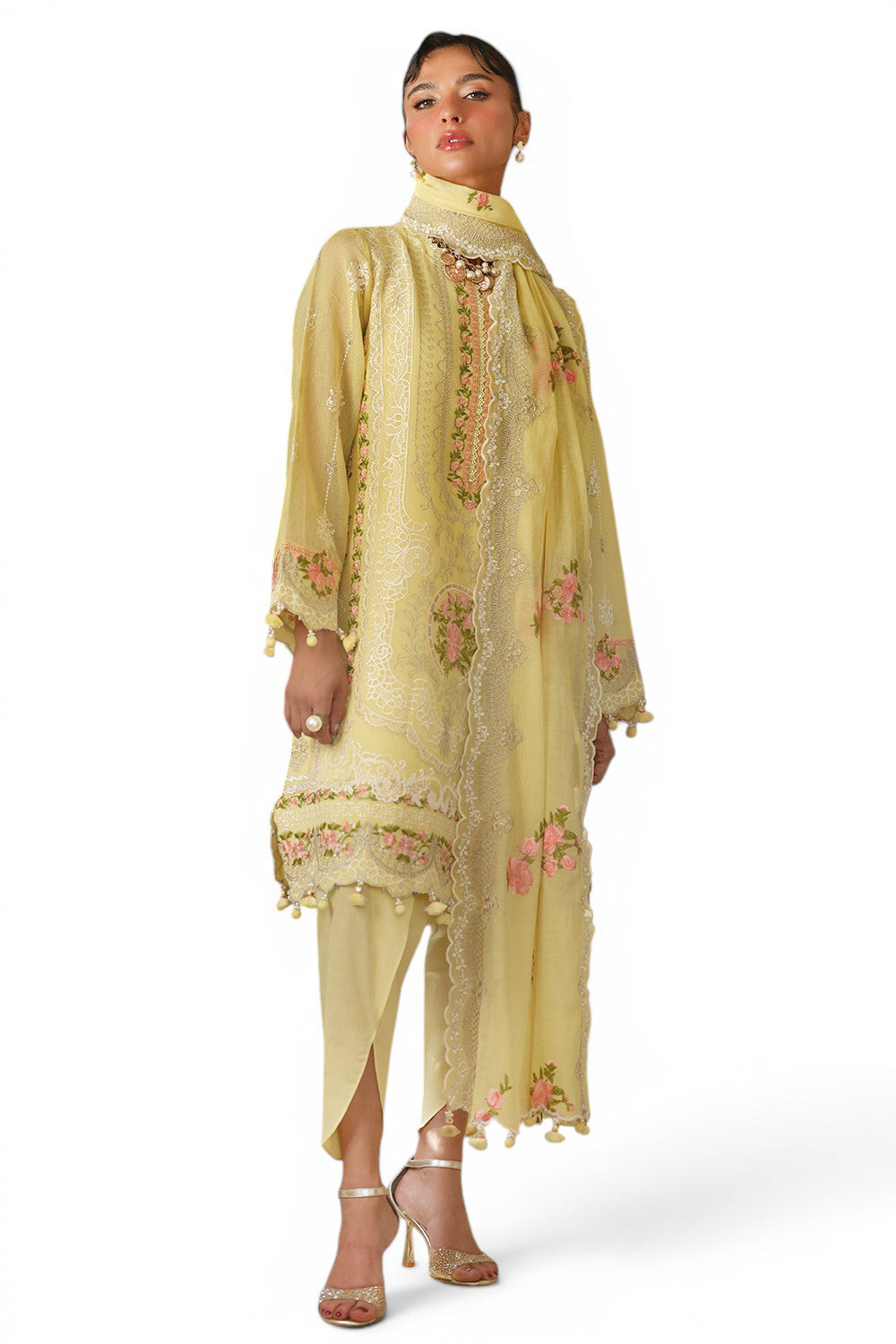 3 Piece Embroidered Cotton Net Suit with Borders and Embroidered Cotton Net Dupatta