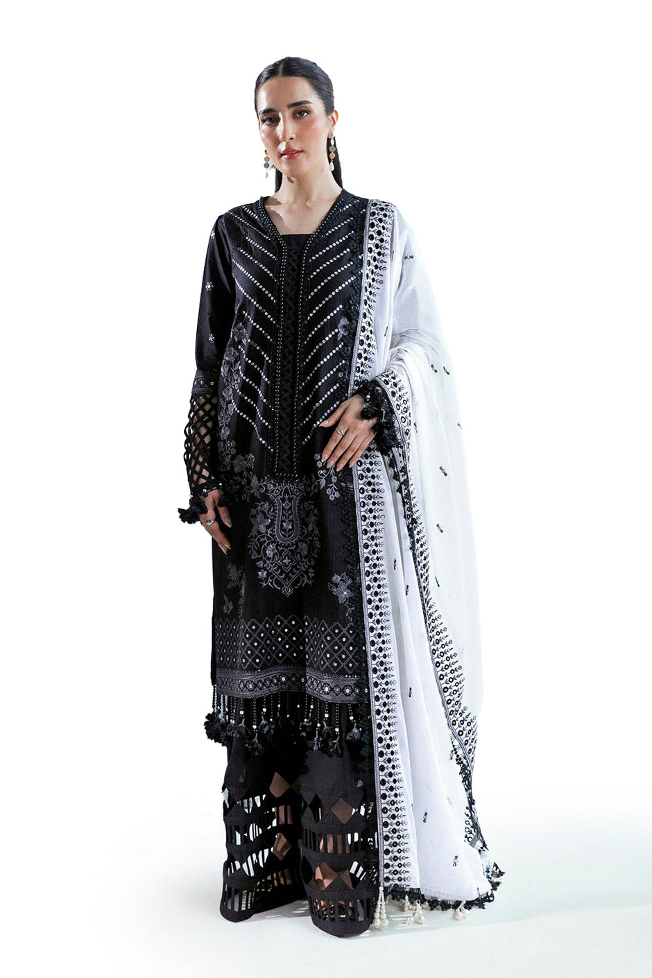 3 Piece Embroidered Lawn Suit with Borders and Denting Dupatta