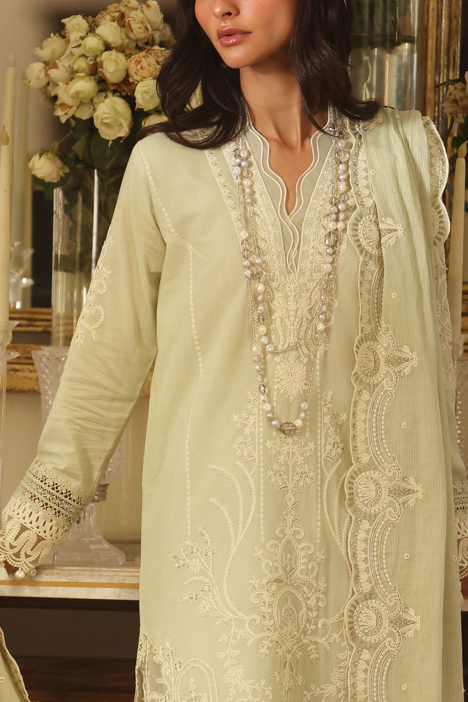 3 Piece Embroidered Lawn Suit with Organza Borders and Embroidered Denting Lawn Dupatta