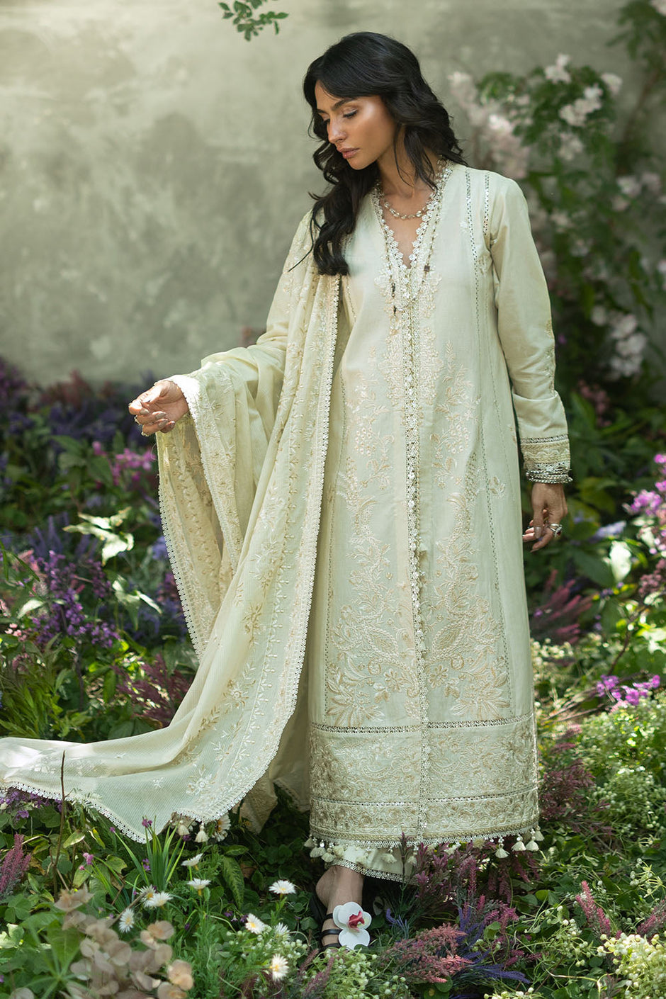 3 Piece Embroidered Lawn Suit with Embroidered Borders and Embroidered Denting Lawn Dupatta