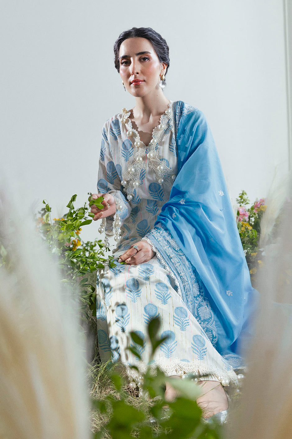 3 Piece Lacquer Printed Slub Yarn Suit with Embroidered Dupatta