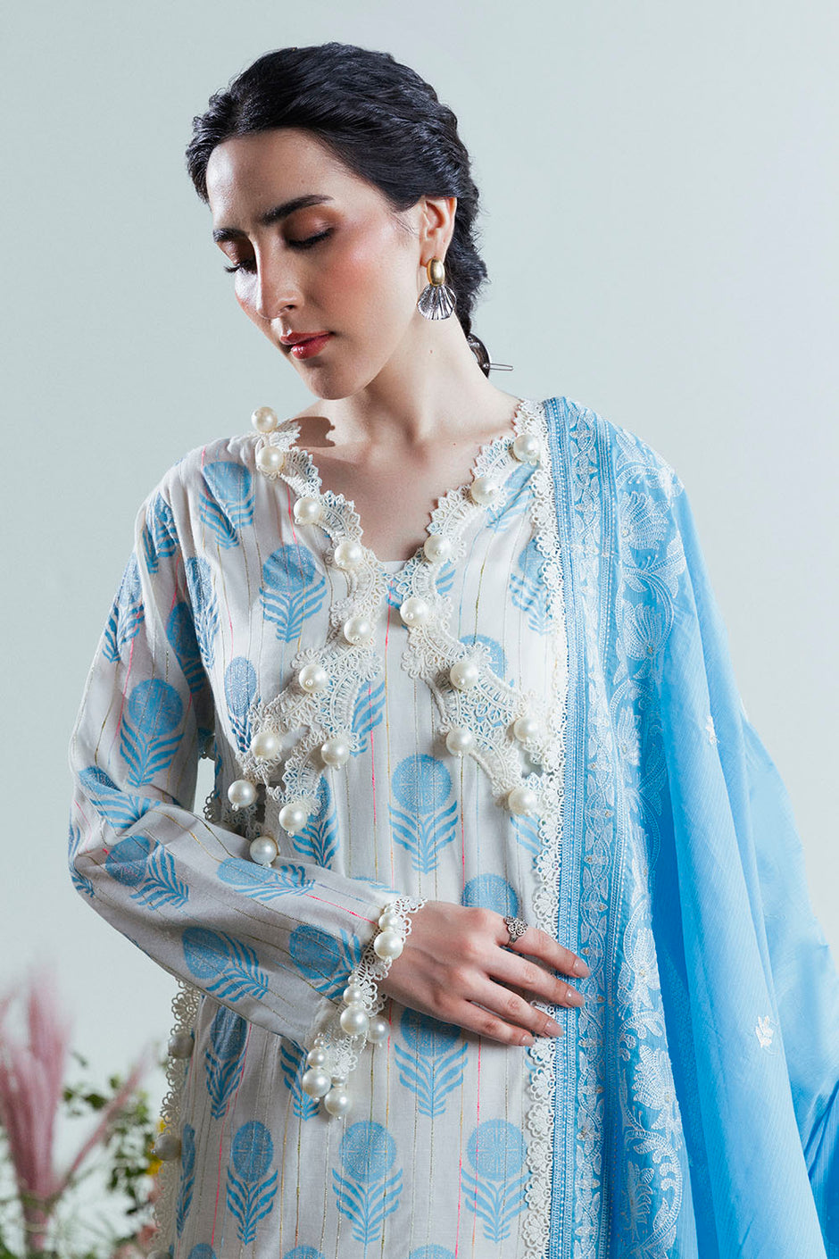 3 Piece Lacquer Printed Slub Yarn Suit with Embroidered Dupatta
