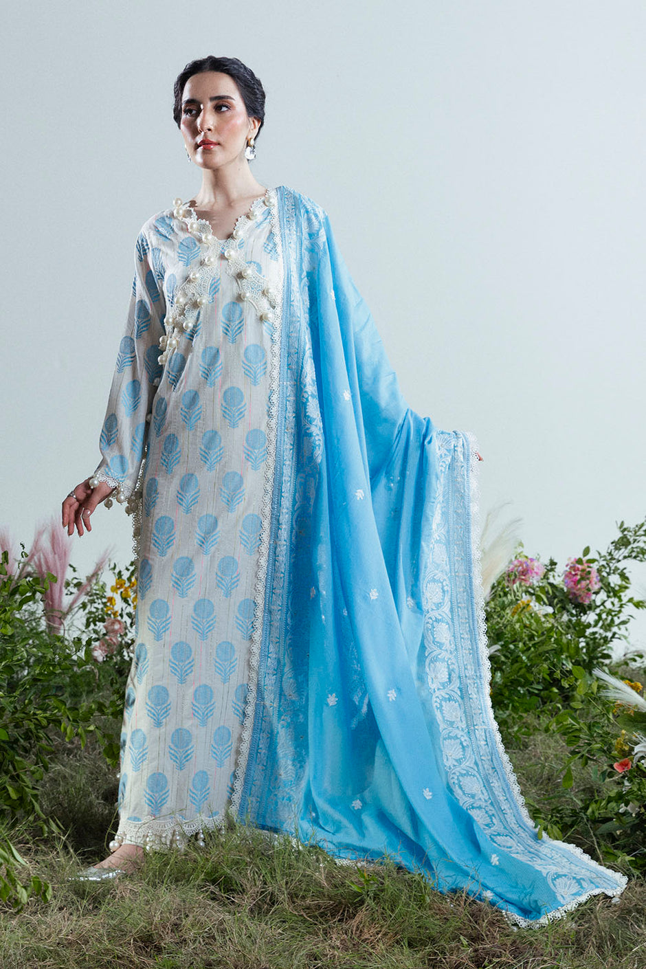 3 Piece Lacquer Printed Slub Yarn Suit with Embroidered Dupatta