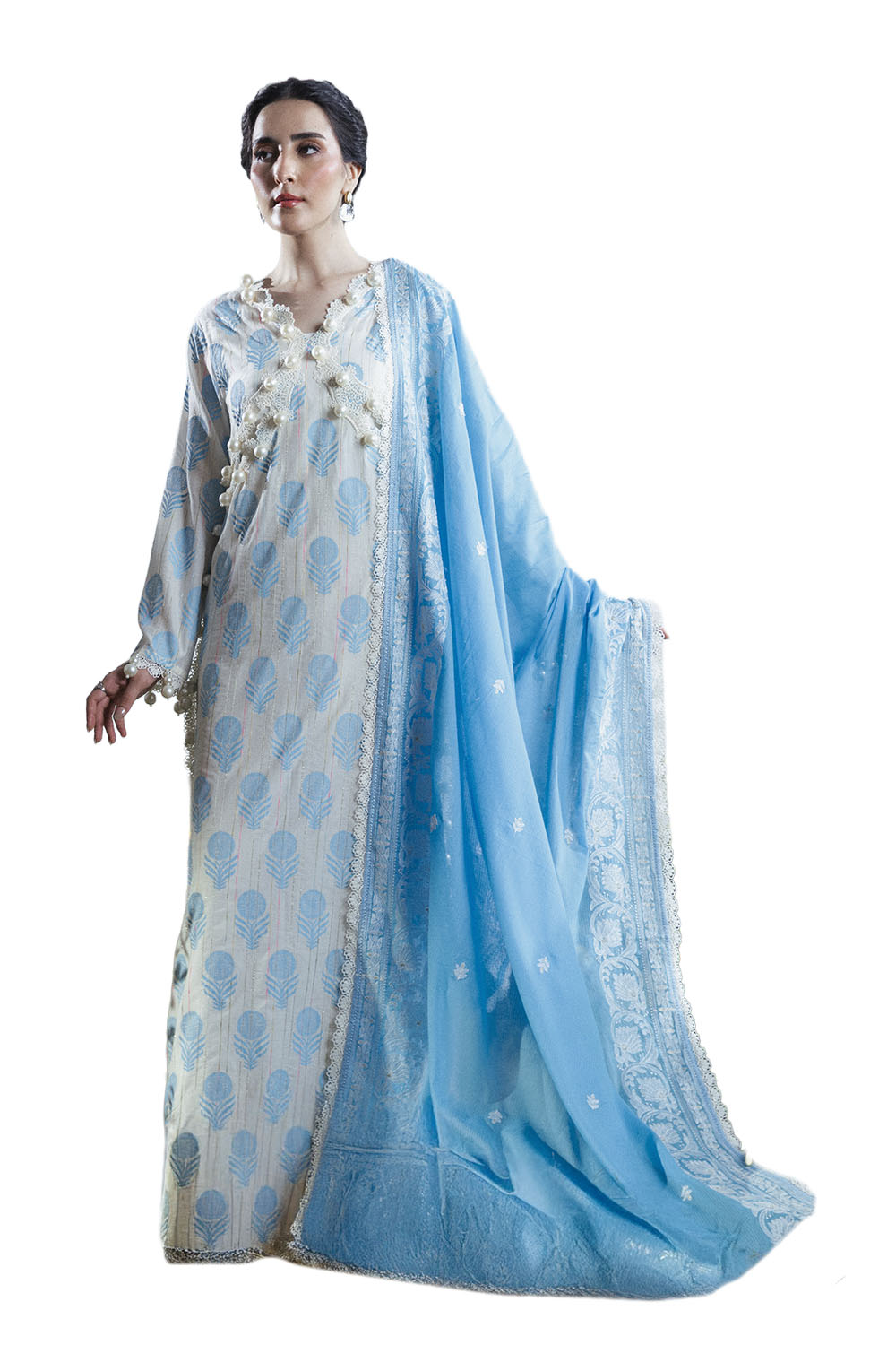 3 Piece Lacquer Printed Slub Yarn Suit with Embroidered Dupatta