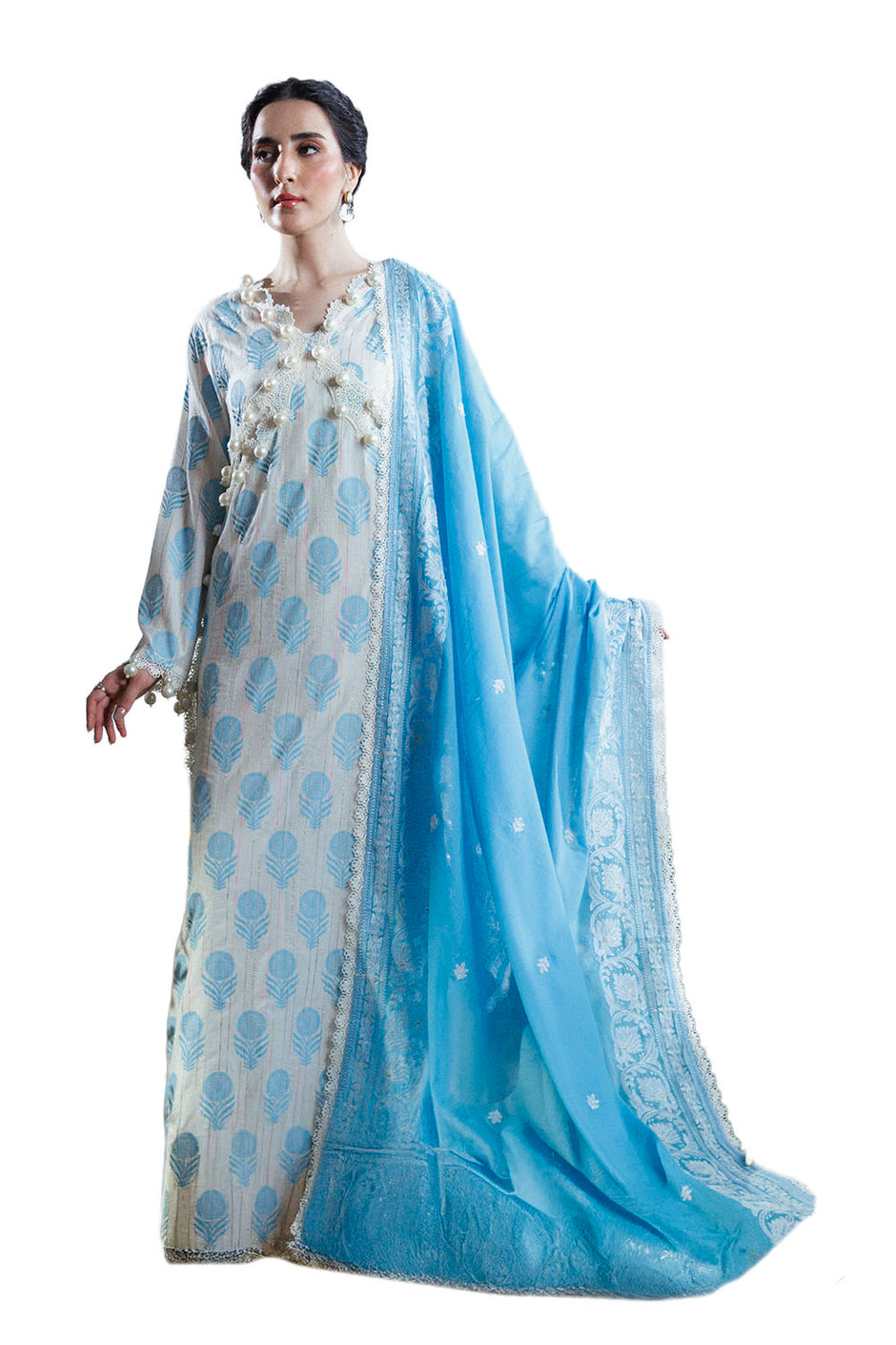 3 Piece Lacquer Printed Slub Yarn Suit with Embroidered Dupatta