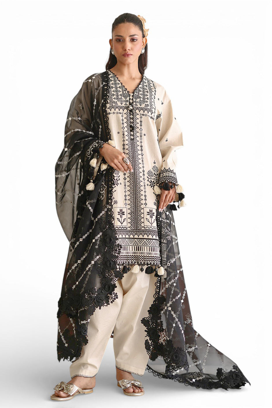 3 Piece Embroidered Lawn Suit with Organza Dupatta and Borders