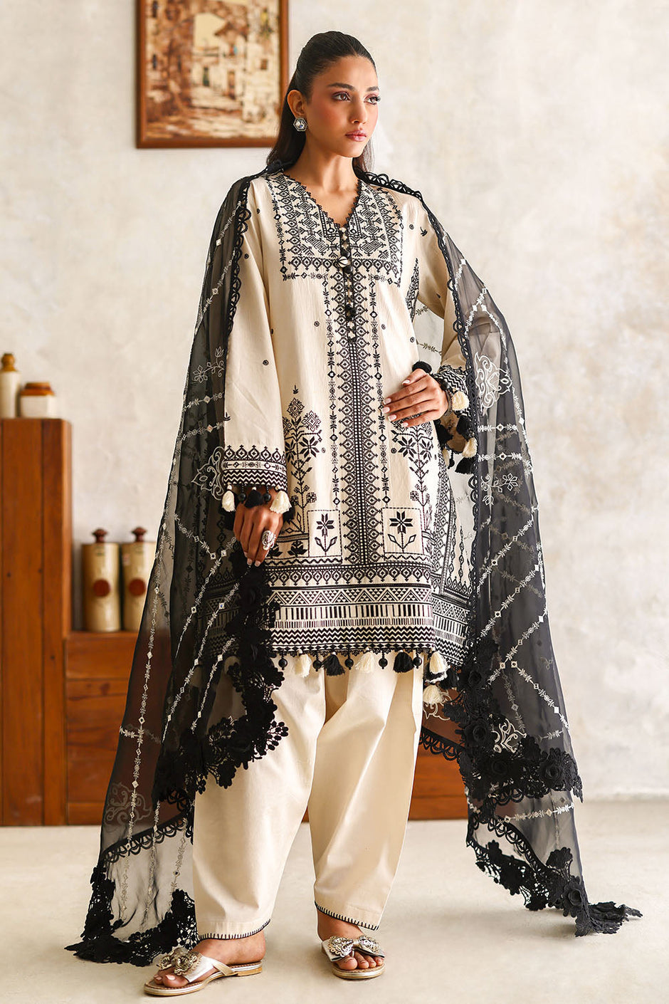 3 Piece Embroidered Lawn Suit with Organza Dupatta and Borders