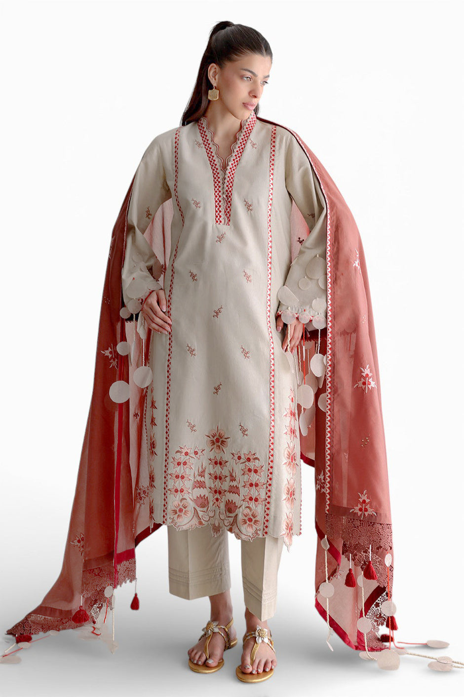 3 Piece Embroidered Lawn Suit with Paper Cotton Dupatta and Borders