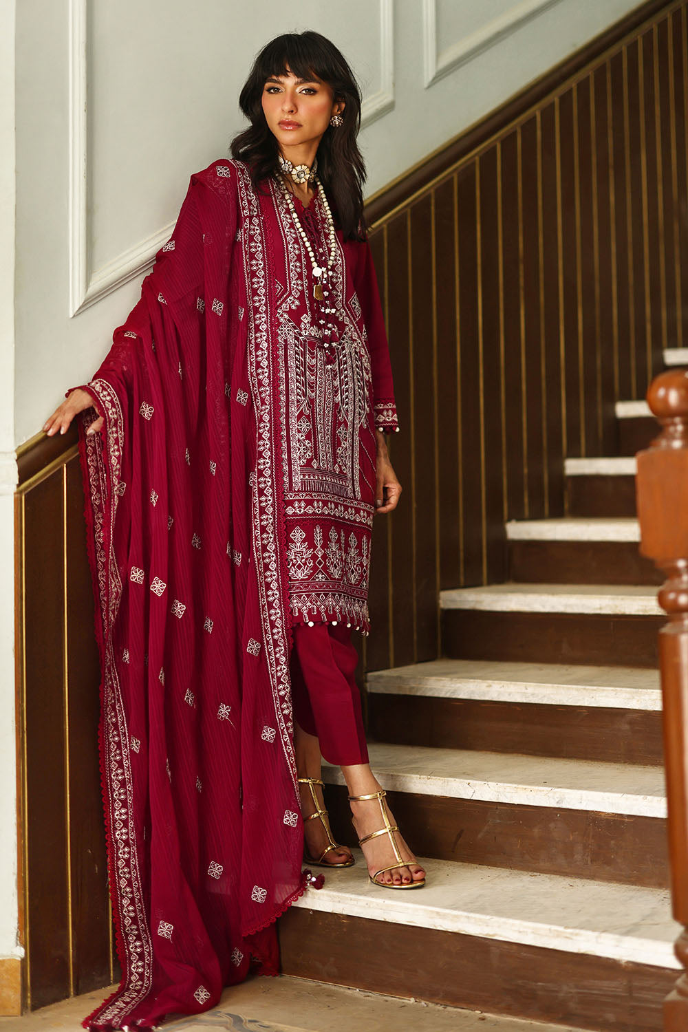3 Piece Embroidered Raw Silk Suit with Borders and Embroidered Polyester Dupatta