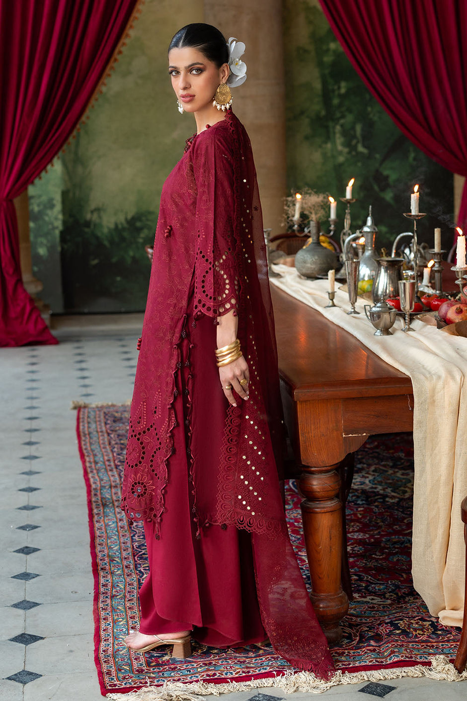 3 Piece Schiffli Embroidered Lawn Suit with Sequins Neckline and Net Dupatta