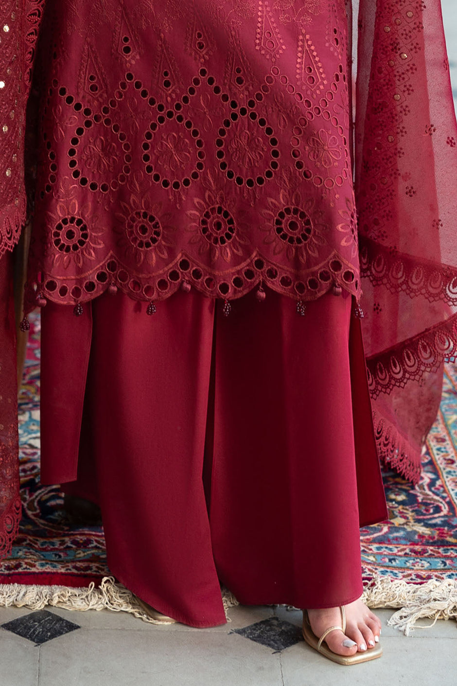 3 Piece Schiffli Embroidered Lawn Suit with Sequins Neckline and Net Dupatta