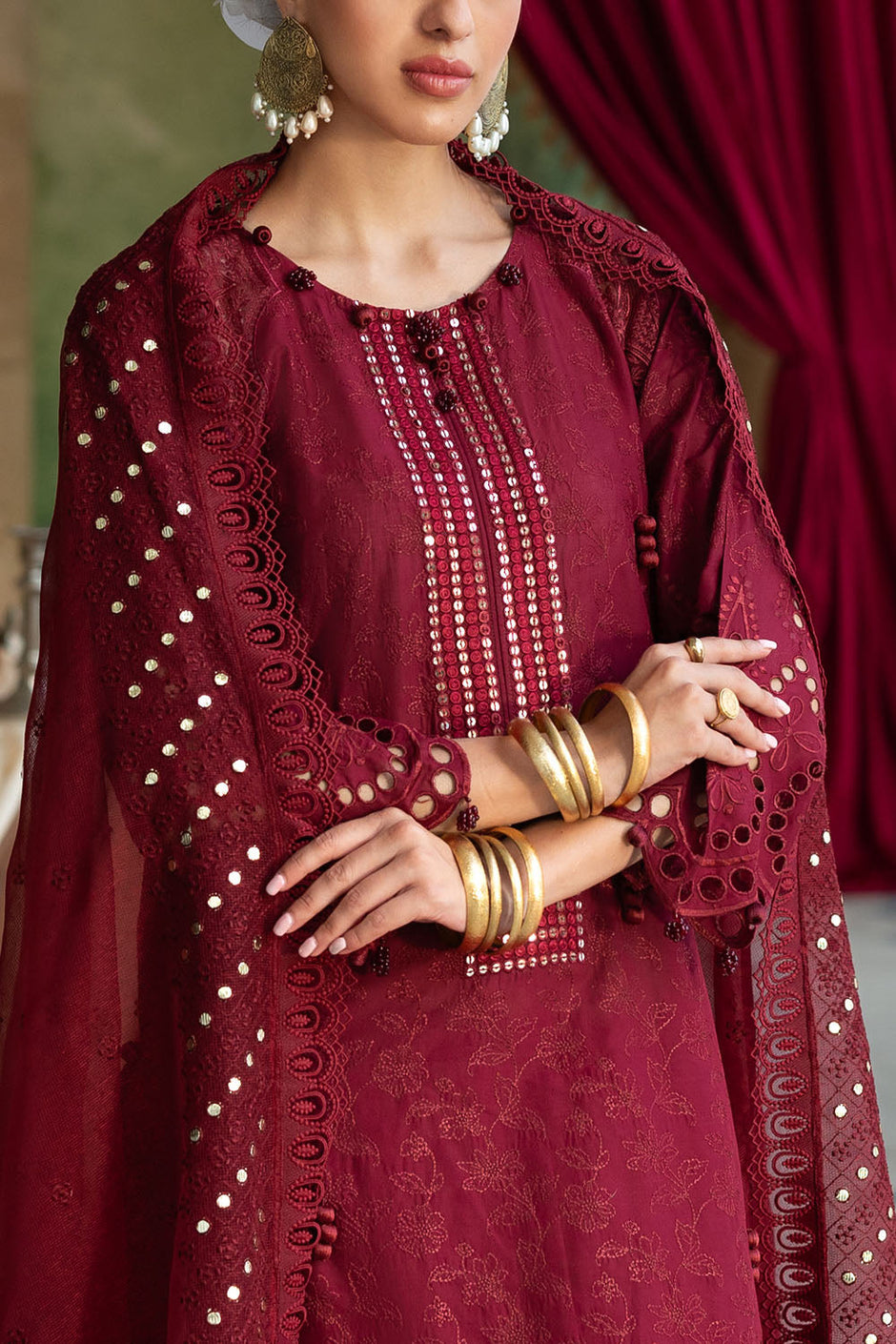3 Piece Schiffli Embroidered Lawn Suit with Sequins Neckline and Net Dupatta
