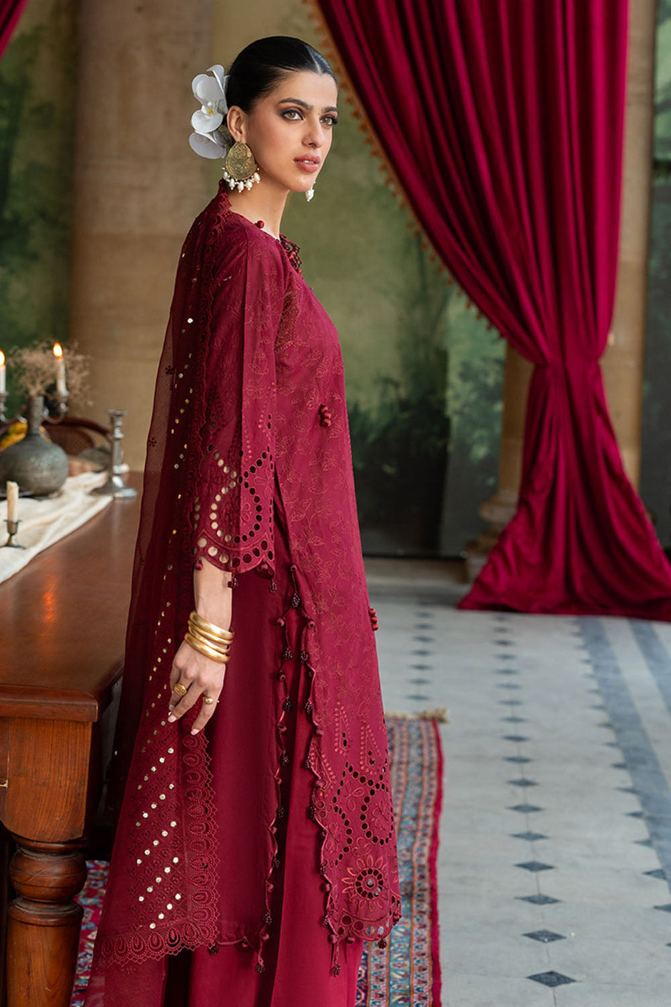 3 Piece Schiffli Embroidered Lawn Suit with Sequins Neckline and Net Dupatta