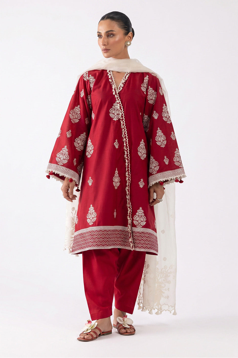 3 Piece Embroidered Lawn Suit with Embroidered Organza Borders and Embroidered Organza Dupatta