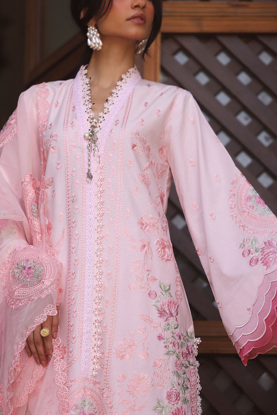 3 Piece Embroidered Lawn Suit with Borders and Embroidered Organza Dupatta