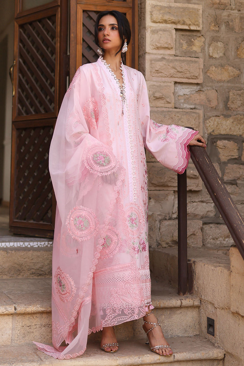 3 Piece Embroidered Lawn Suit with Borders and Embroidered Organza Dupatta