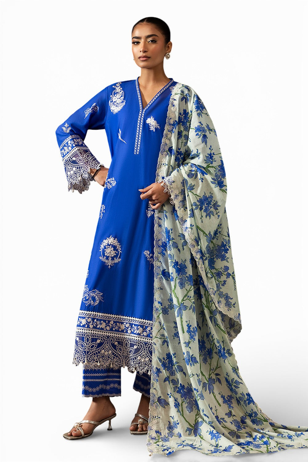 3 Piece Embroidered Lawn Suit with Embroidered Printed Denting Dupatta and Embroidered Trouser Border
