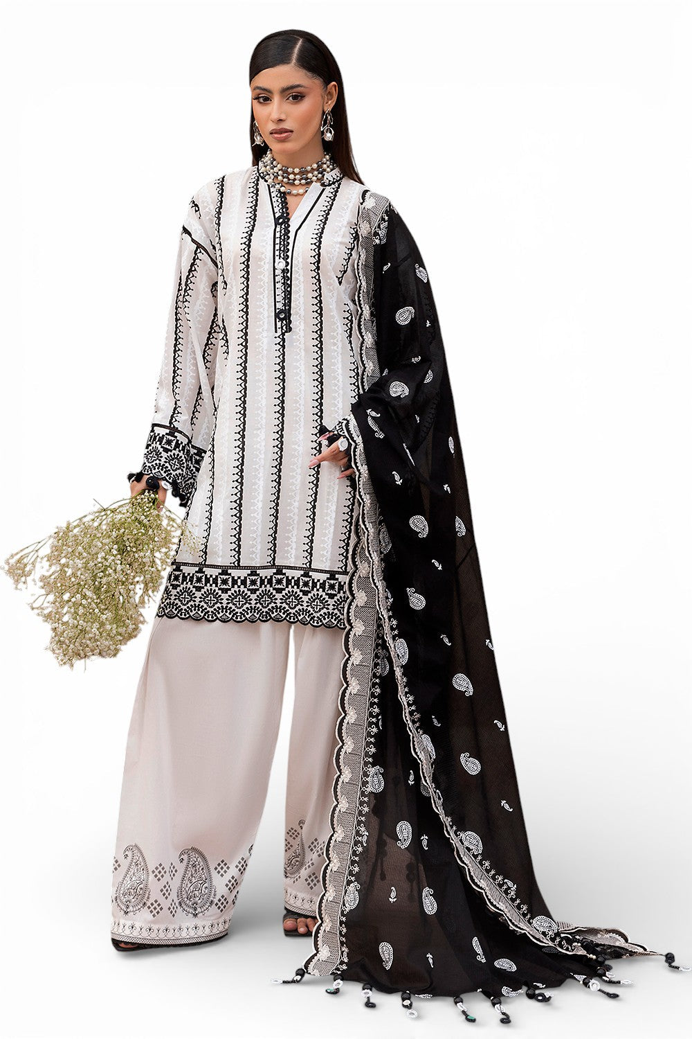 3 Piece Lacquer Printed Lawn Suit with Embroidered Lacquer Printed Denting Dupatta and Printed Trouser