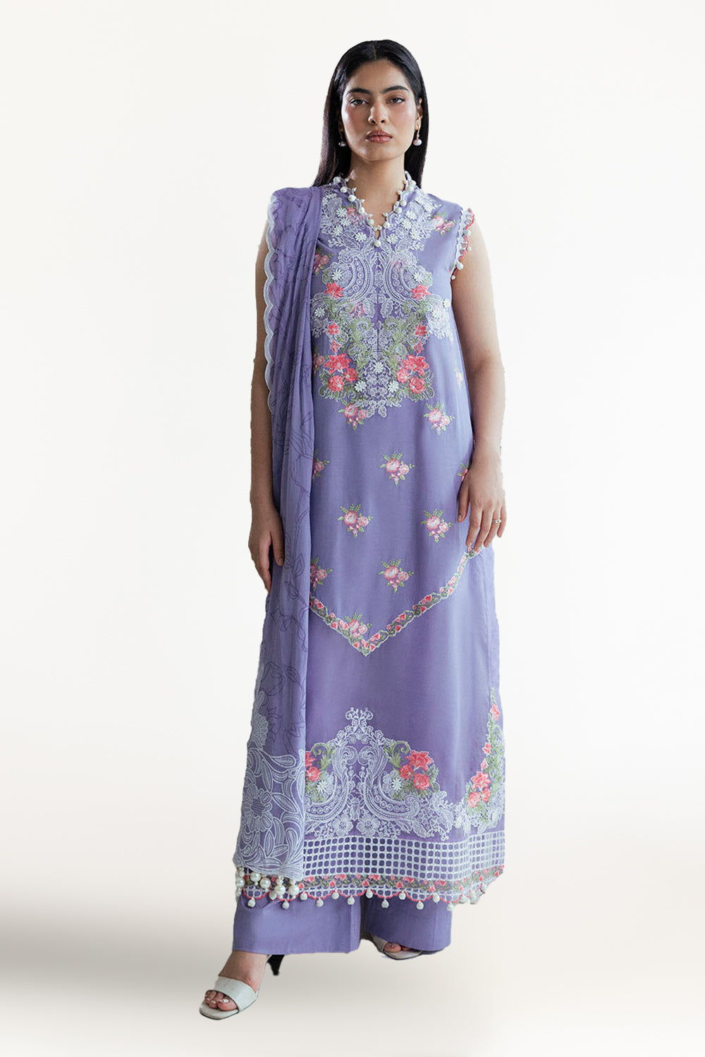 3 Piece Embroidered Lawn Suit with Neckline, Bunches and Chiffon Dupatta
