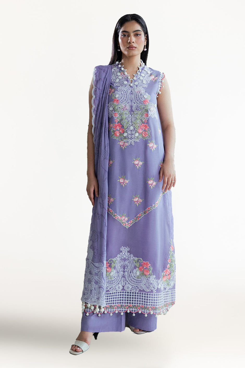 3 Piece Embroidered Lawn Suit with Neckline, Bunches and Chiffon Dupatta