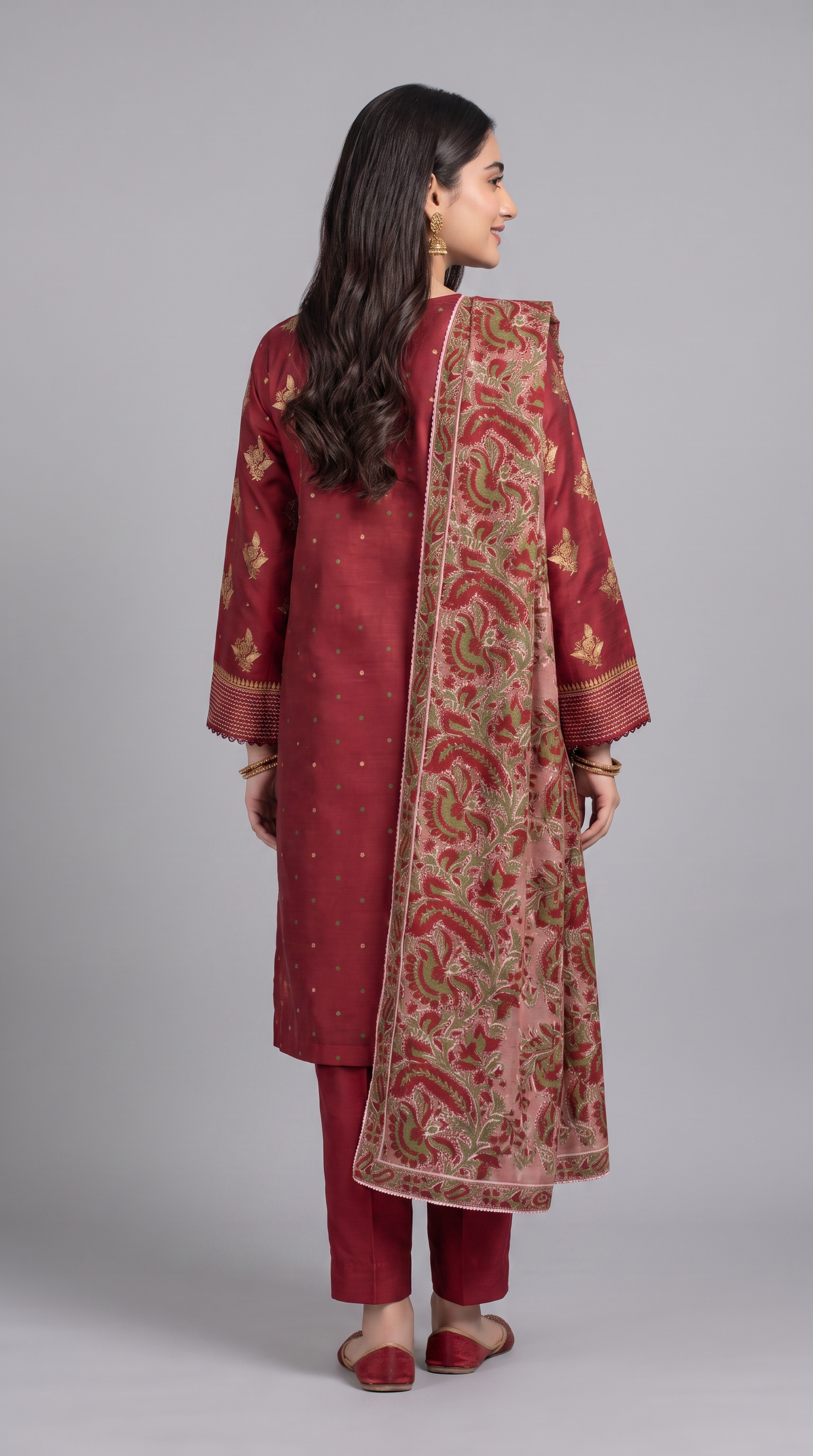 3Pc Lacquer Printed Dobby Suit with Laqr Ptd Organza Dup