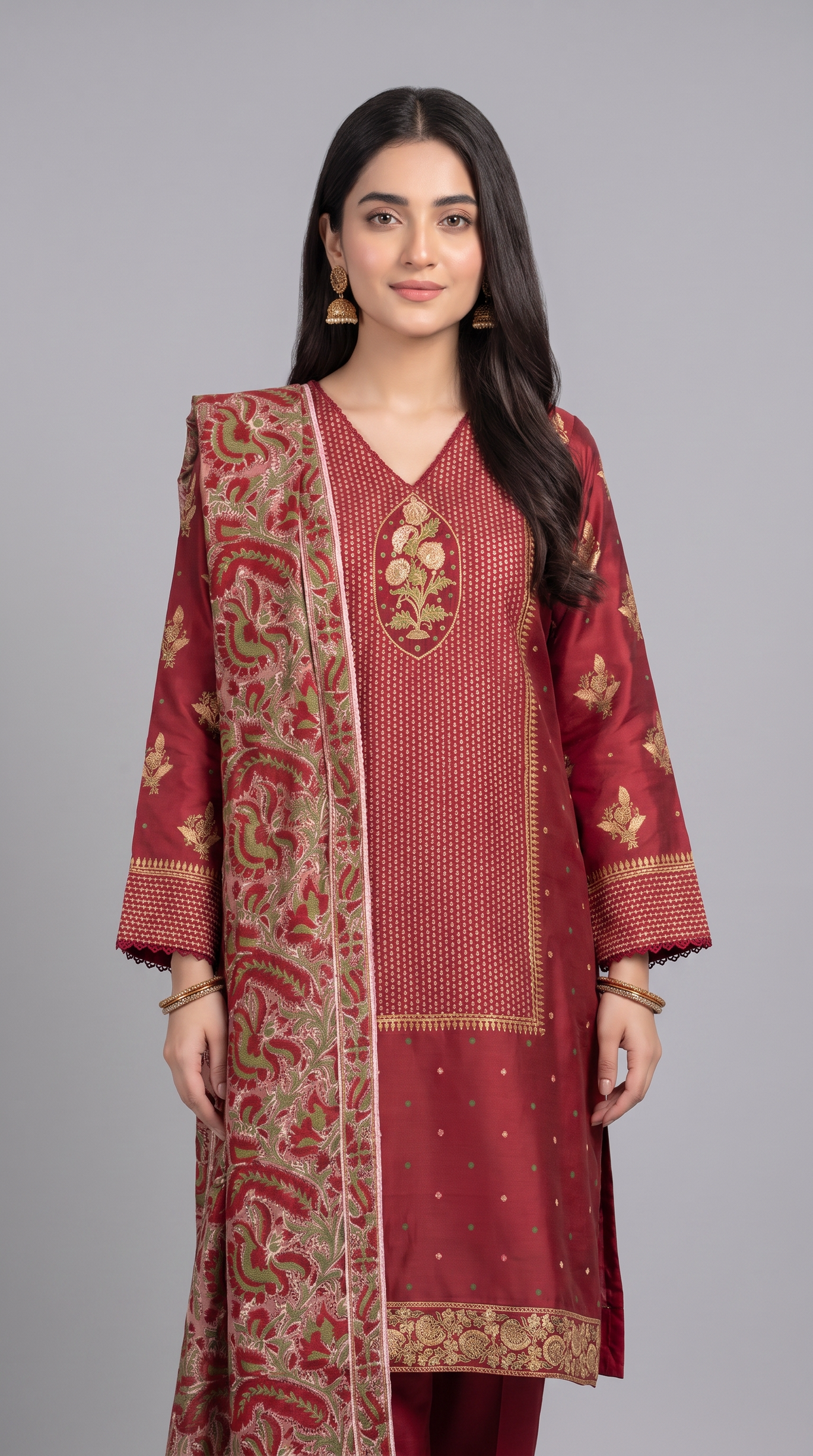 3Pc Lacquer Printed Dobby Suit with Laqr Ptd Organza Dup