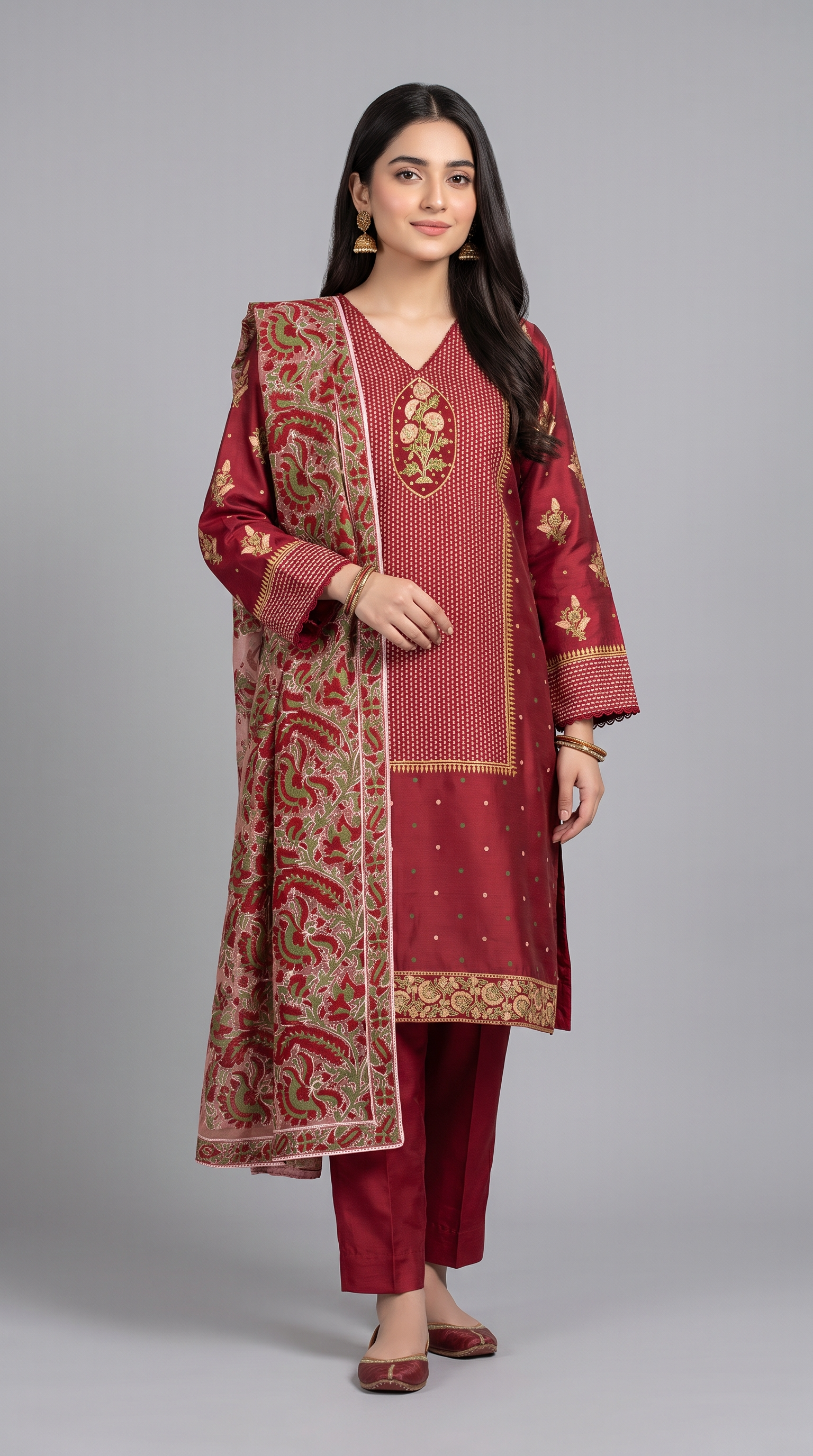 3Pc Lacquer Printed Dobby Suit with Laqr Ptd Organza Dup