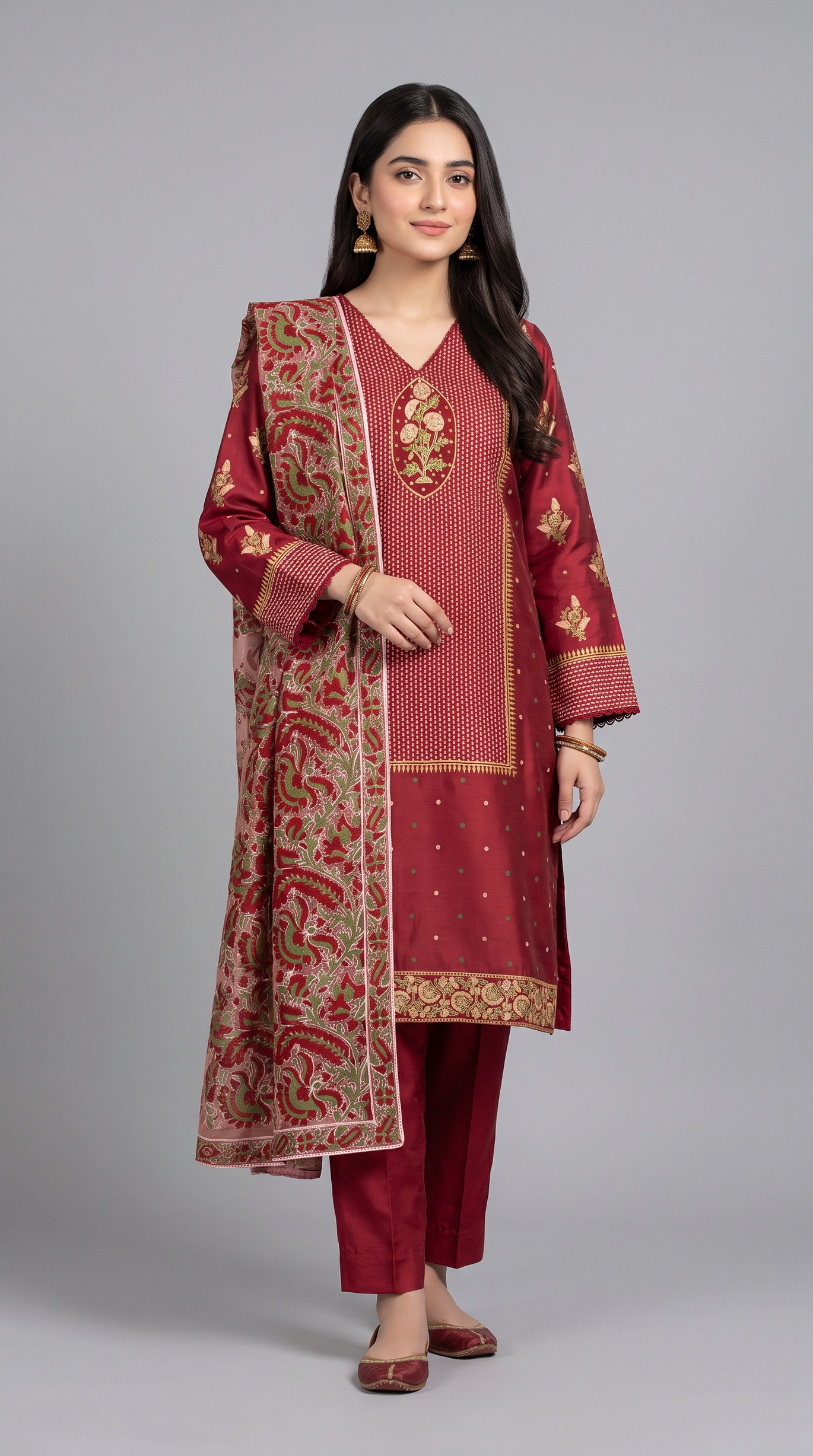 3Pc Lacquer Printed Dobby Suit with Laqr Ptd Organza Dup
