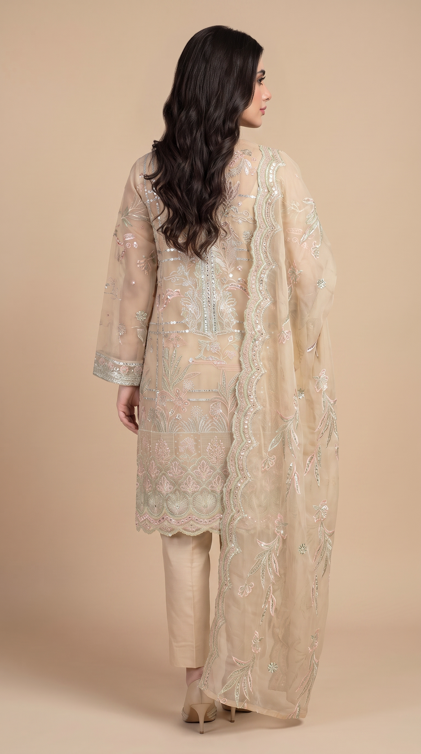 3Pc Dyed Chiffon Emb Suit with Chiffon Emb Dup