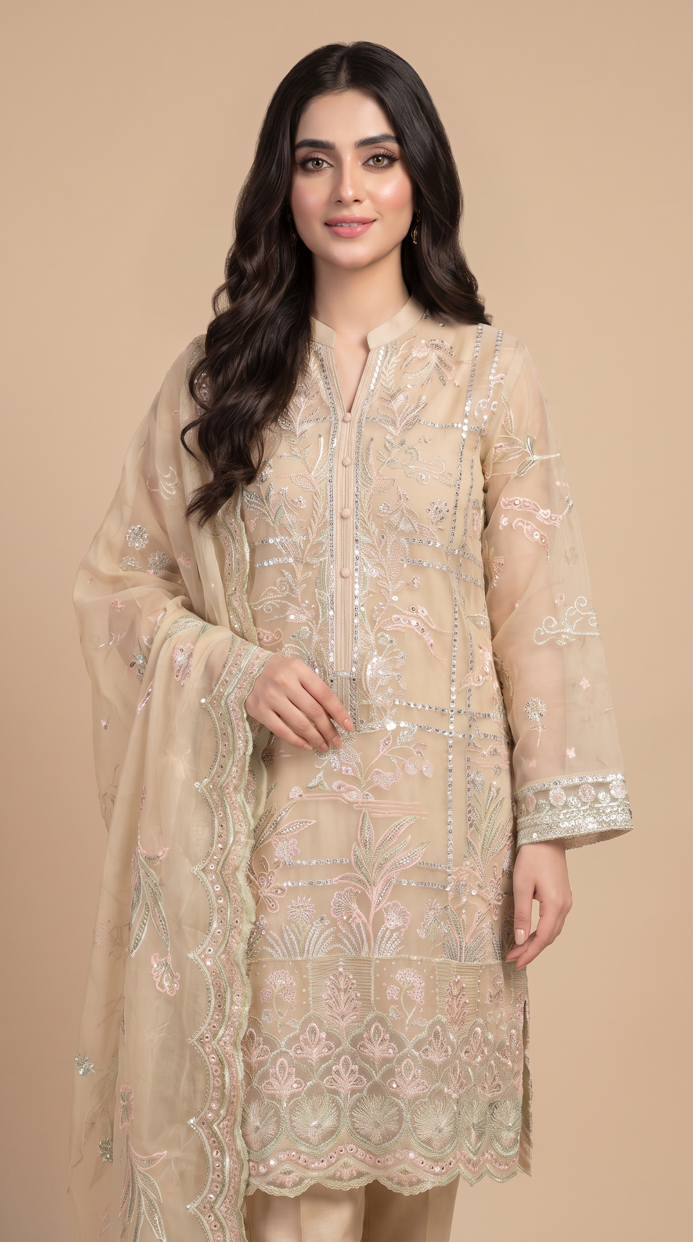 3Pc Dyed Chiffon Emb Suit with Chiffon Emb Dup