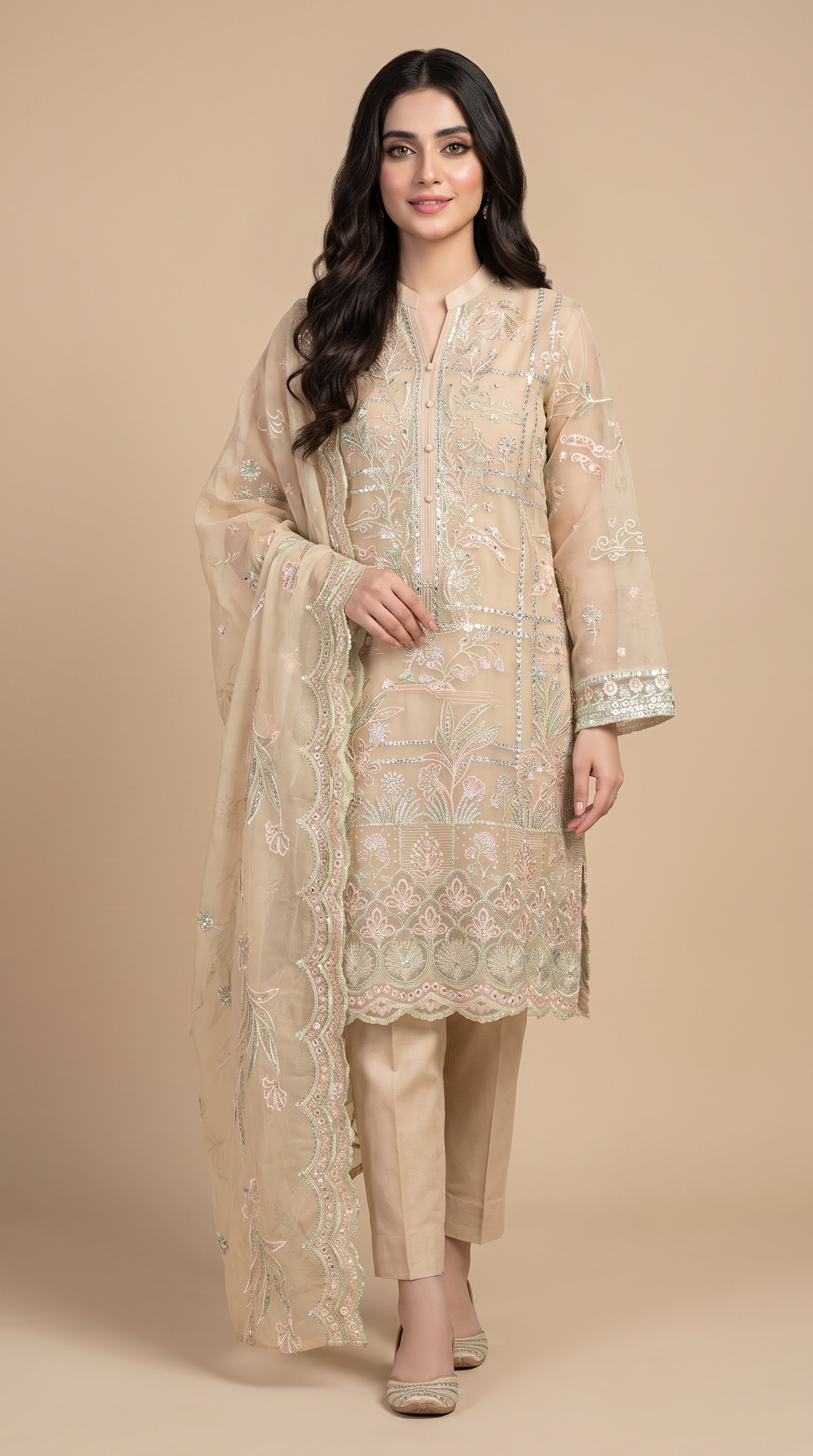 3Pc Dyed Chiffon Emb Suit with Chiffon Emb Dup