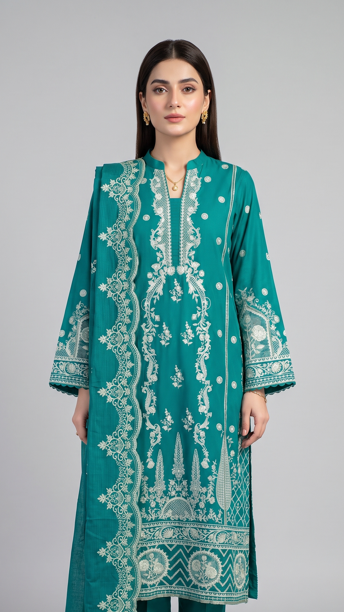 3Pc Dyed Lawn Embroidered Suit with Denting Lawn Emb Dup