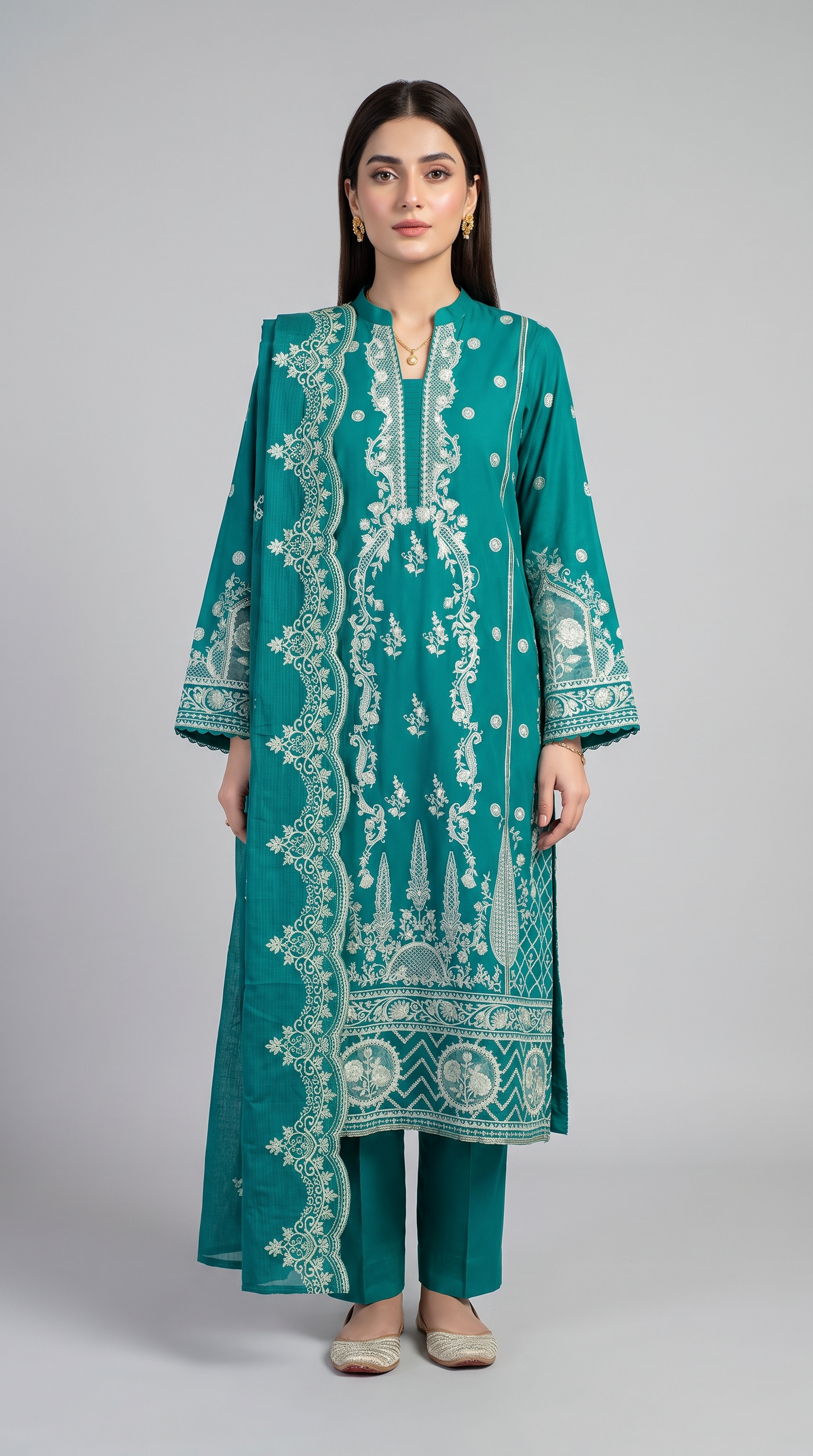 3Pc Dyed Lawn Embroidered Suit with Denting Lawn Emb Dup