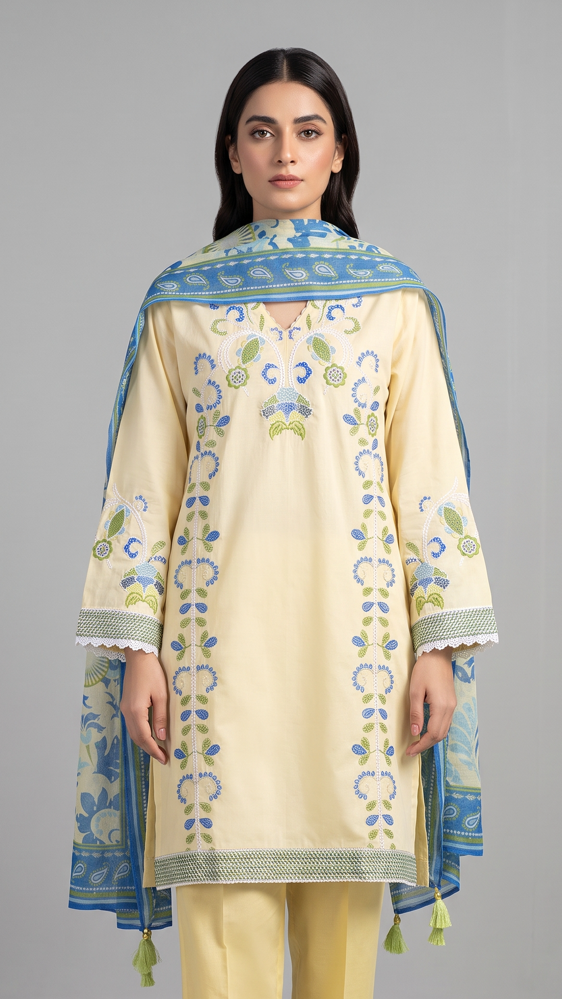 3Pc Embroidered Suit with Chiffon Dupatta