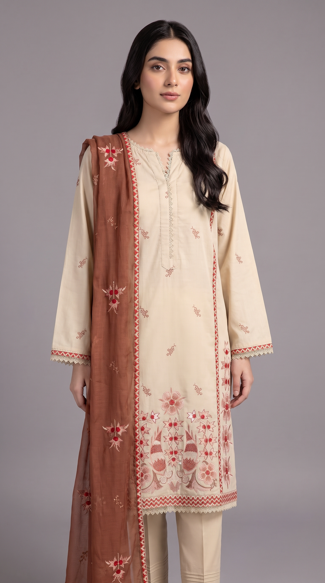 3Pc Embroidered Suit with Paper Cotton Dupatta