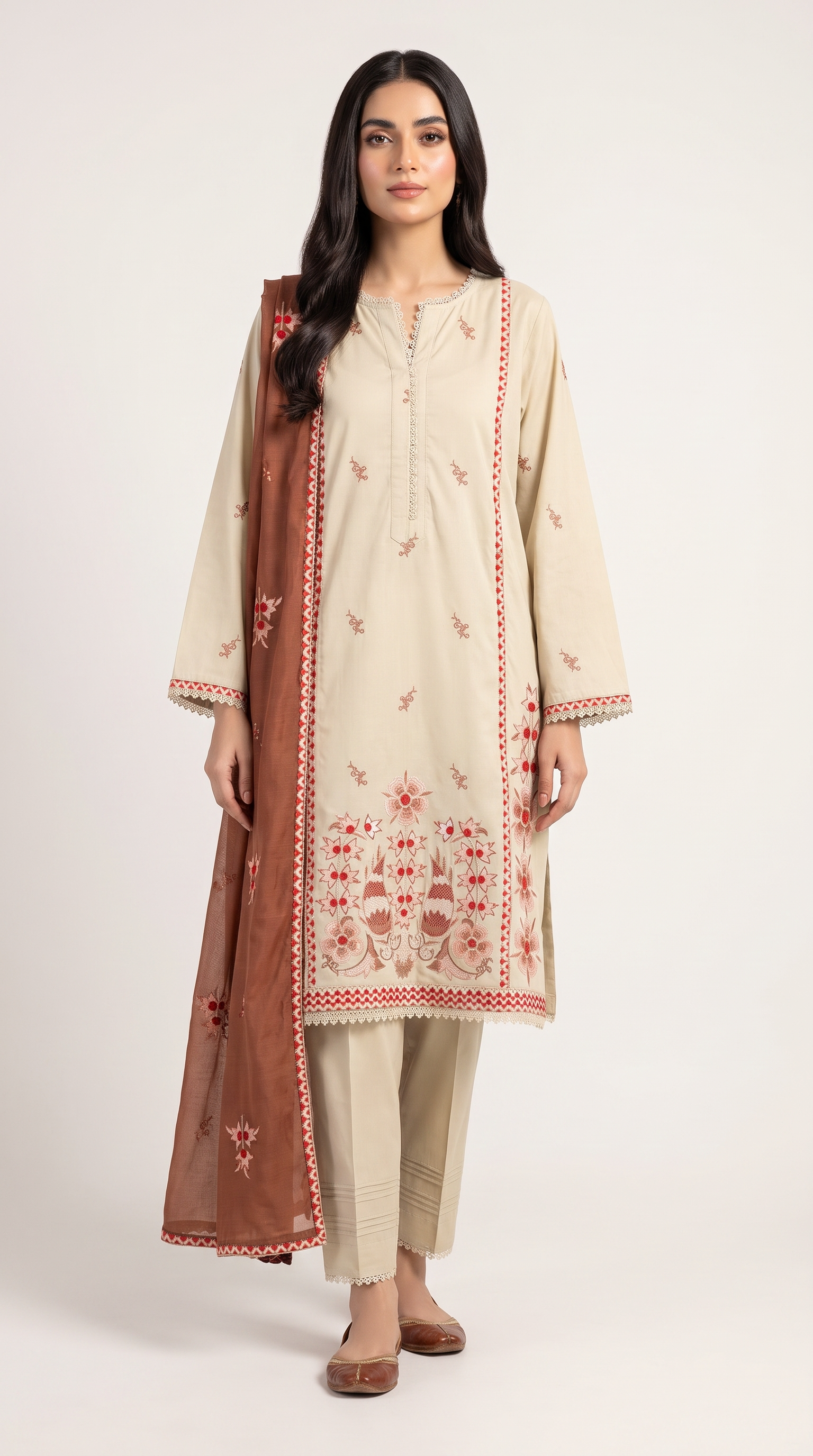 3Pc Embroidered Suit with Paper Cotton Dupatta
