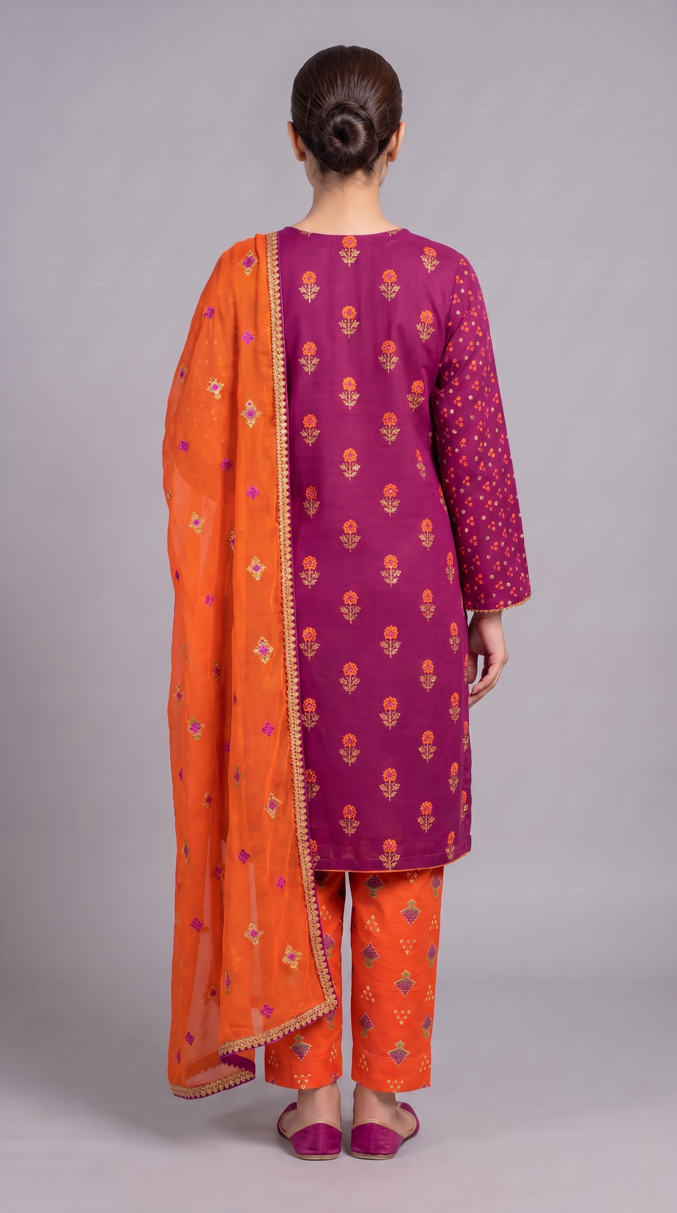 3Pc Embroidered Gold Printed Suit with Chiffon Dupatta