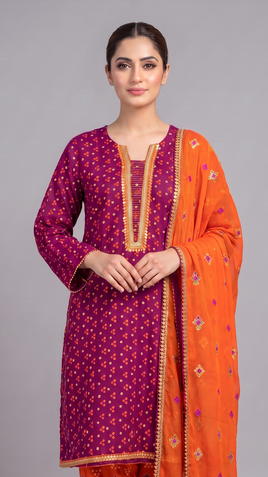 3Pc Embroidered Gold Printed Suit with Chiffon Dupatta