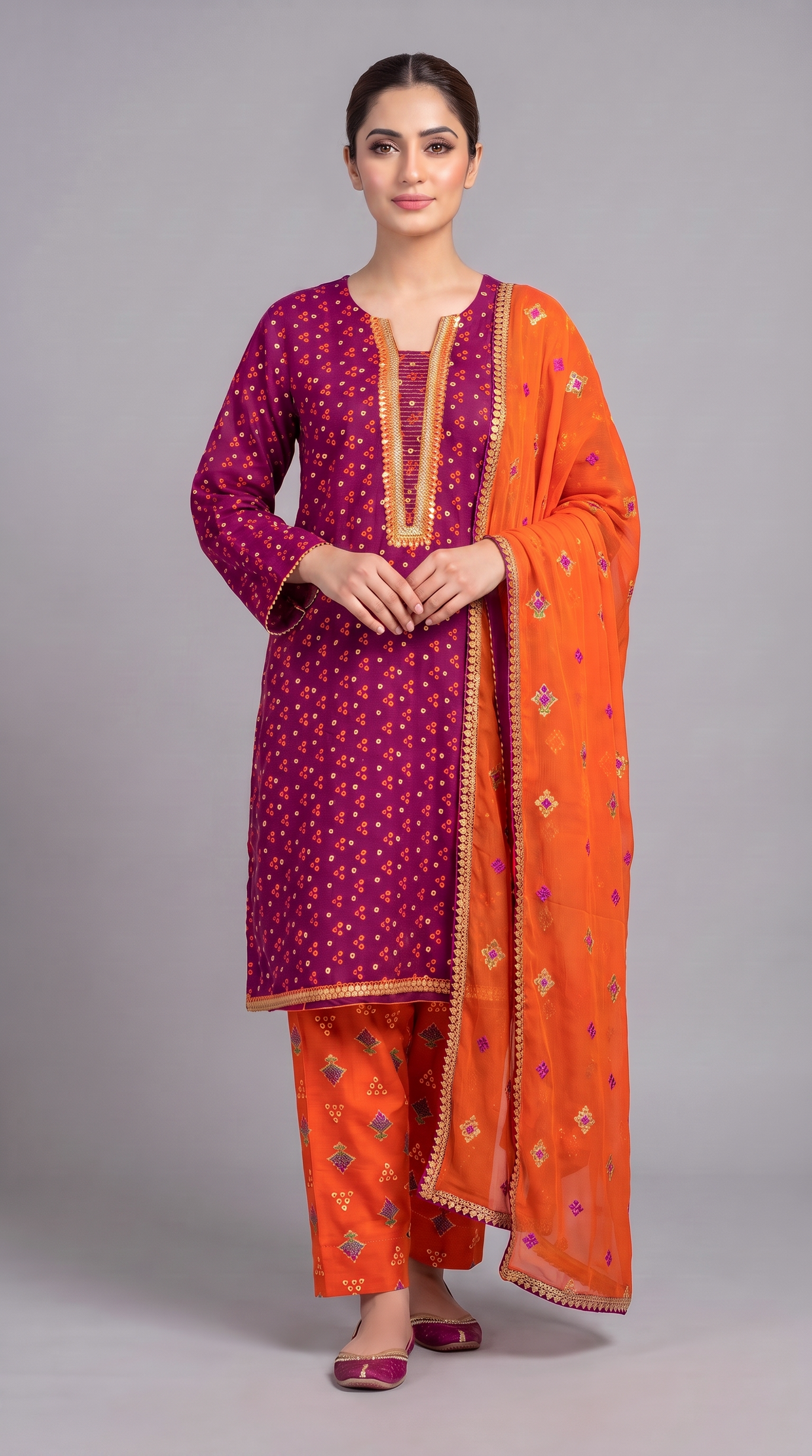 3Pc Embroidered Gold Printed Suit with Chiffon Dupatta