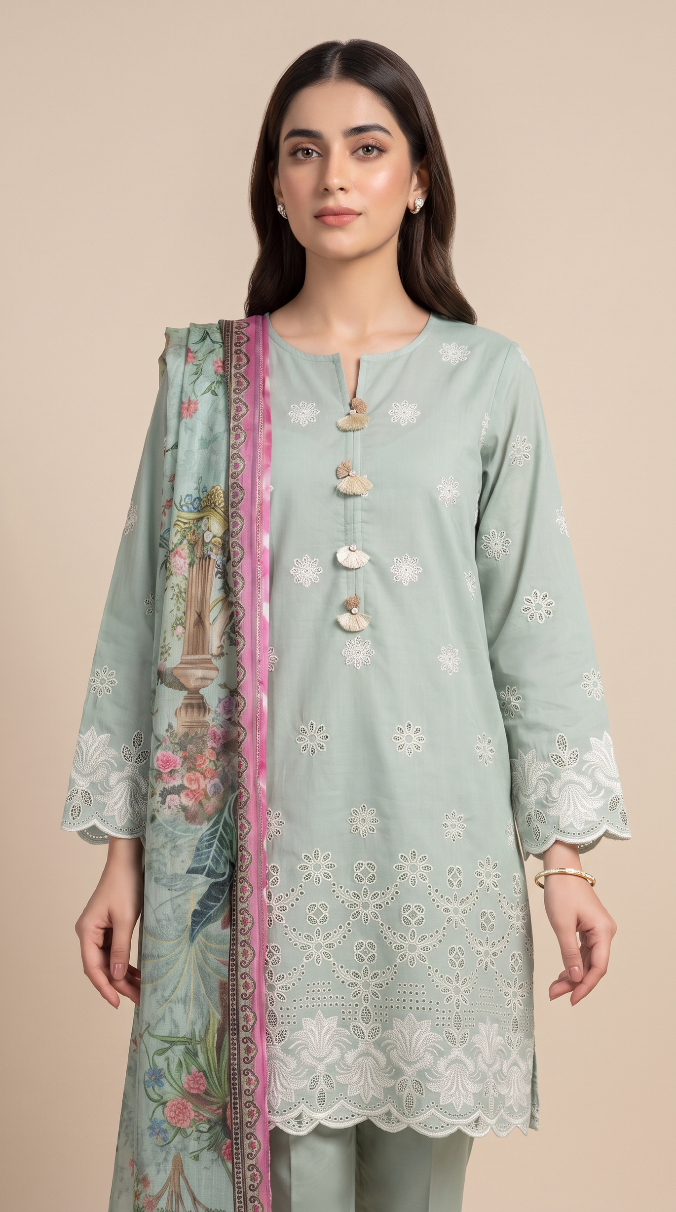 3Pc Shiffili Embroidered Suit with Silk Dupatta