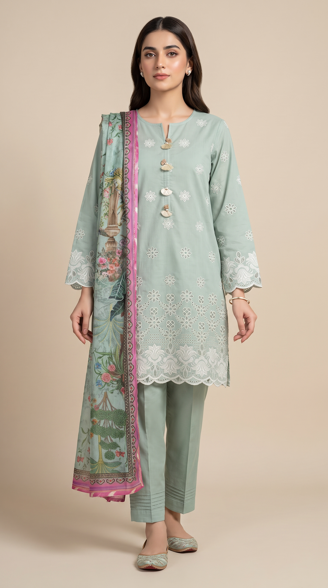 3Pc Shiffili Embroidered Suit with Silk Dupatta