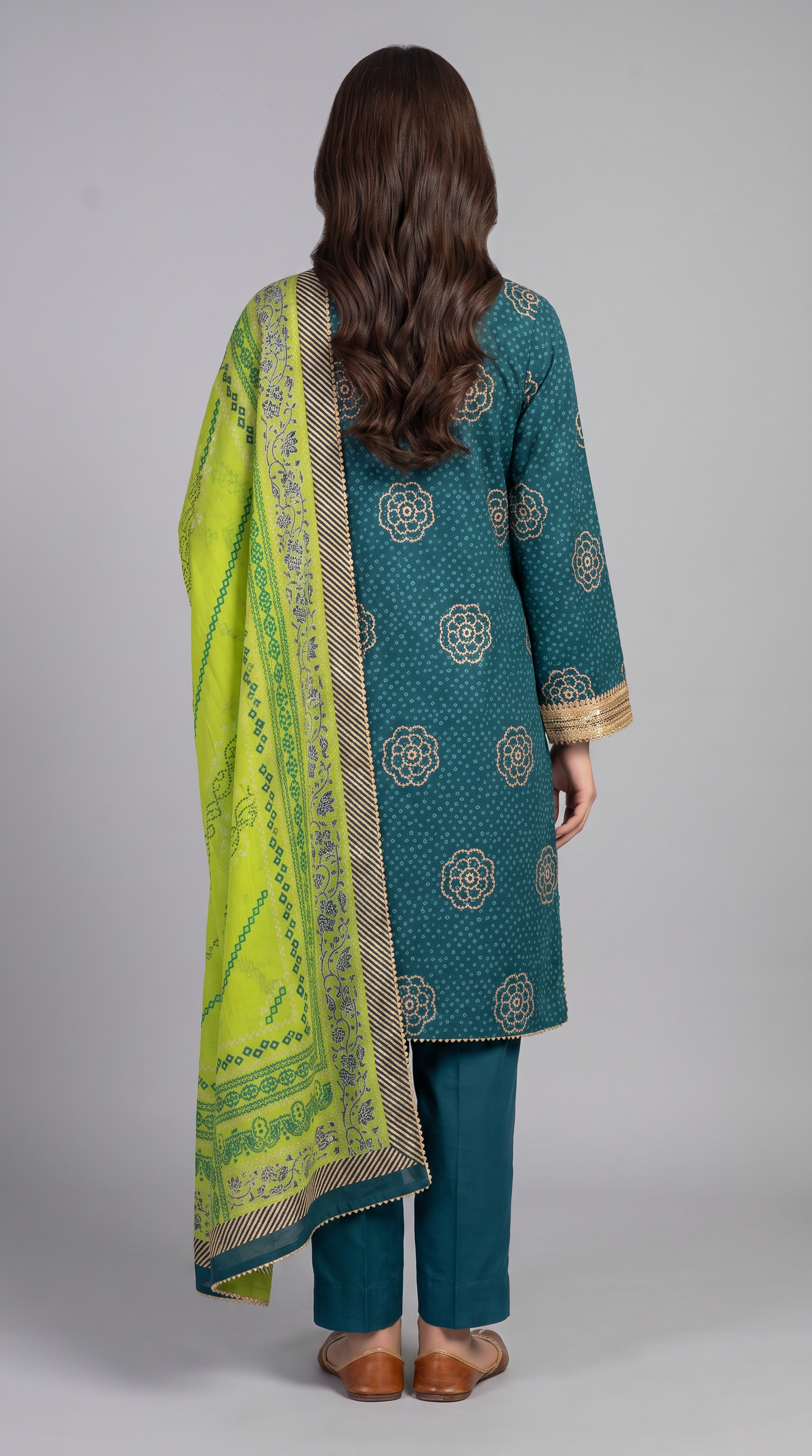 3Pc Emb Suit with Gold & Lacquer Printed Chiffon Dupatta